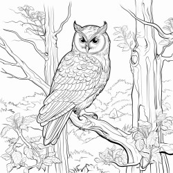 a owl sitting on a branch of a tree in a dark forest
