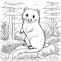 this is a whimsical cartoon scene featuring a weasel the creature is surrounded by a forest backdrop