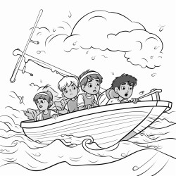 worried boys working into a big boat with a big storm