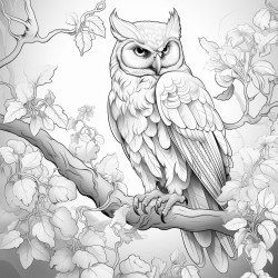 coloring page owl perched on a tree branch with leaves around no shading high details thick lines