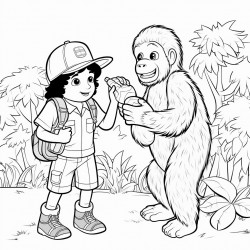 8 year old boy wearing overalls and a baseball cap in a garden handing a watermelon to a bigfoot