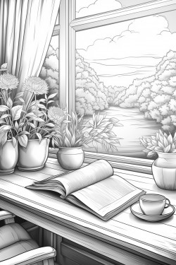 a desk with an open laptop a coffee cup books and a potted plant the window shows a sunset