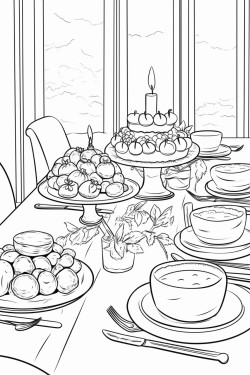 depicting a festive holiday feast table set for christmas dinner include detailed dishes such as roasted turkey or ham platters of cookies and pies elegant table settings with candles and ornaments