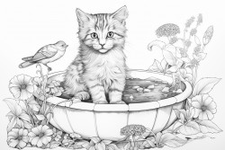 kitten fishing out of birdbath in middle of garden