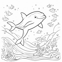 a playful scene with a dolphin jumping over waves surrounded by smiling starfish and colorful seashells
