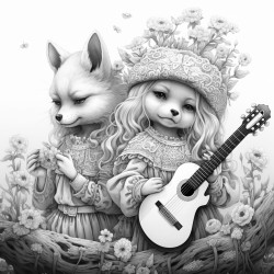 fox playing guitar in a magical forest two girl best friends in a room col