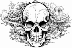 psychedelic melting image with a dragon magic mushrooms and a skull