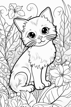 a small cat between flowers and leaves in a huge garden