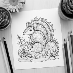 generate a coloring page with a prickly pear cactus armadillo and word art that says prickly pear
