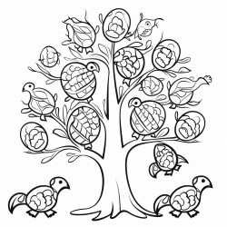 tribal turtles and chickens around a tree