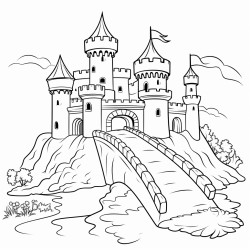 a castle on a hilltop surrounded by a moat and drawbridge