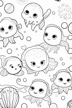 kawaii style fondo del mar con peces algas etc