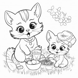 cute cat with big eyes and a little mouse having a picnic in the garden