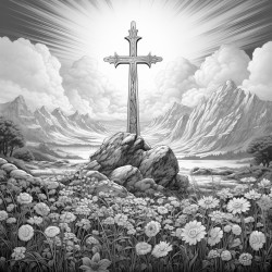 create an image of a solemn scene with a prominent cross in the center representing a significant