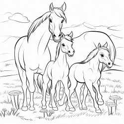 2 horses a mom and a baby in a field
