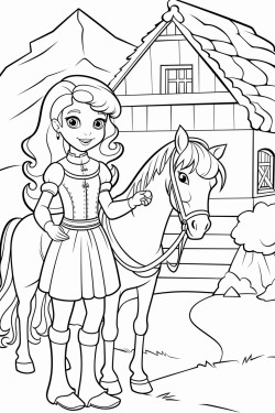 a cute princess standing in front of a barn with a cow and a horse