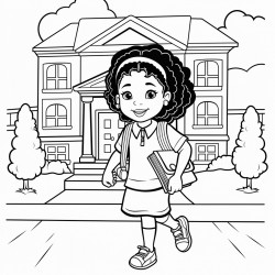 an african american little girl entering her school  building on the first day of school