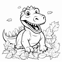 a trex playing in a pile of autumn leaves