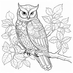 coloring page owl perched on a tree branch with leaves around no shading high details thick lines