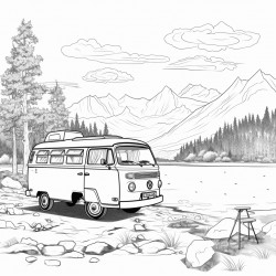 a camper van parked next to a calm lake some kids