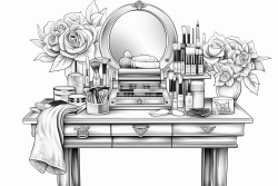 a chic vanity with an elegant mirror surrounded by makeup brushes foundations eyeshadow palettes and lipstick tubes