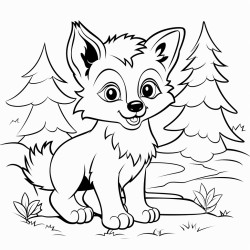 a baby wolf playing in the woods