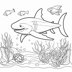 an ocean with a clownfish in an anemone a shark chasing a fish and a whale with barnacles swimming