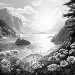 I want to paint a sunset view by the mountains and ocean