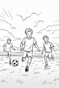 soccer game scene with kids kicking a ball on a sunny field