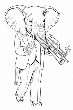 elephant in elegant suit playing trombone