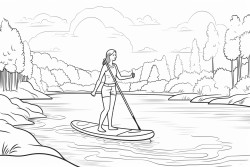 a woman paddle boarding on a river