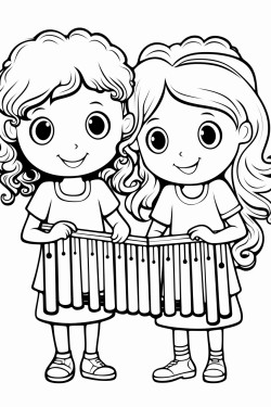 two 14 year olds girls one with curly hair and the other with straight hair playing the xylophone