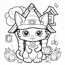 witchy cute cat in a cottage house