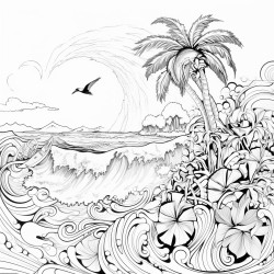 generating a highresolution 8k coloring book illustration of generating a highresolution 8k coloring book illustration of a tropical island with a surfing parrot with ride the waves in fun beachy font palm trees surfboards and coconuts add detail