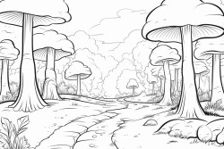forest path with long trees and with leaves falling around them and some mushrooms coloring pages for kids cartoon style thick lines low details black and white no shading