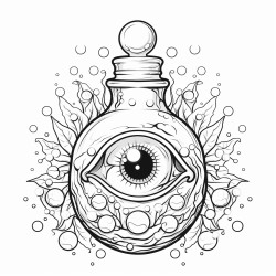potion bottle with eyeball inside crystals and herbs