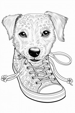 dibuja en blanco y negro un perro bichn malts mordiendo una zapatilla en estilo mandala