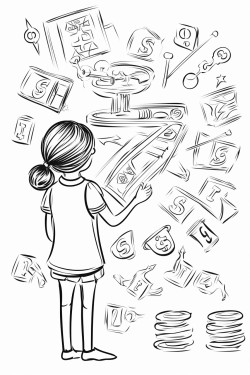 girl draws dollars on the chalkboard arrows up