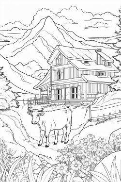 switzerland landscape with a quaint stone house surrounded by flowers and a cypress tree cows graze in lavender fields