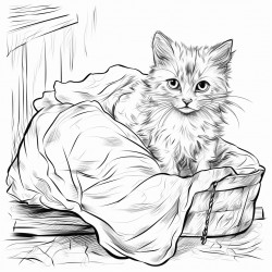 a scruffy stray cat trying to get out of a burlap sack