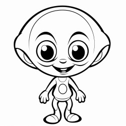 a friendly alien with big eyes and a wide smile