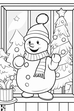 christmas snowman outside the window and behind the christmas tree