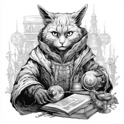 warlock with cat and books in a room with magic artefacts