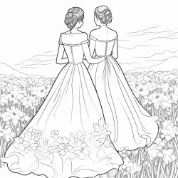 the backs of two brides in a field of flowers