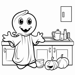 a cute simple ghost carving a pumpkin in kitchen