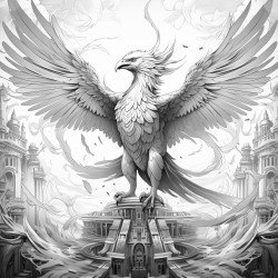 blackandwhite line art depicting a phoenix ascending from a base of abstract flames made of shattered shapes