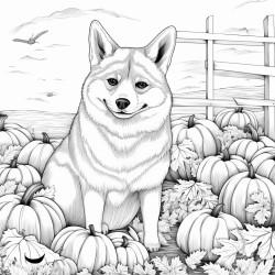 shiba inu in a pumpkin patch