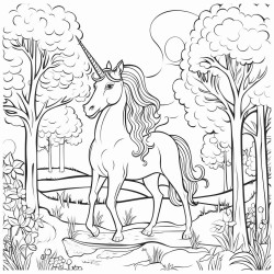 hermoso unicornio en el bosque rodeado de arboles rio