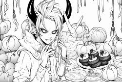 a anime demon boy with horns and tail  eating helloween candy and there ghost in the background