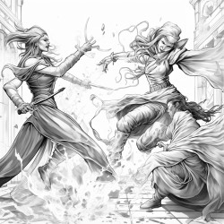 fight scene of a studly gangster battling two female witches and their spells
